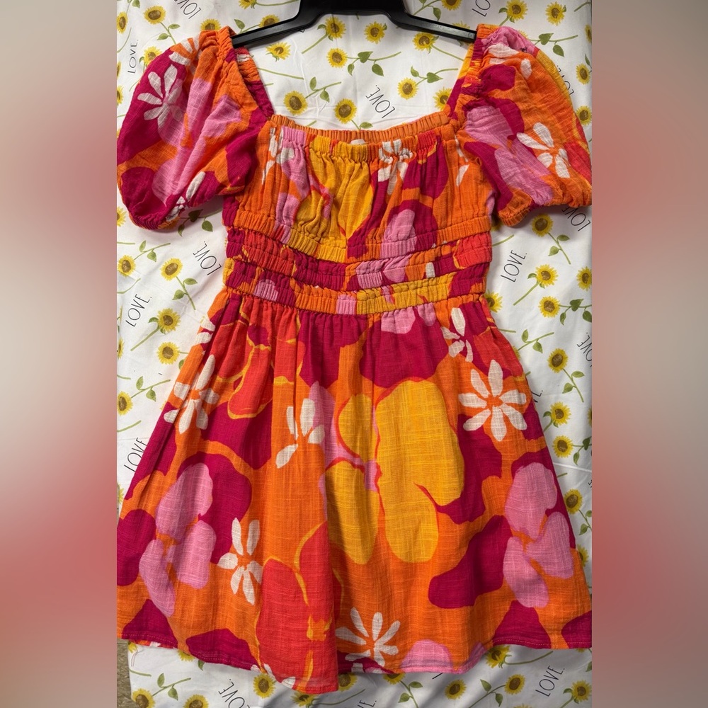 Sabo Skirt Orange Pink & Magenta Floral Puff-Sleeve Smocked peplum square neck
